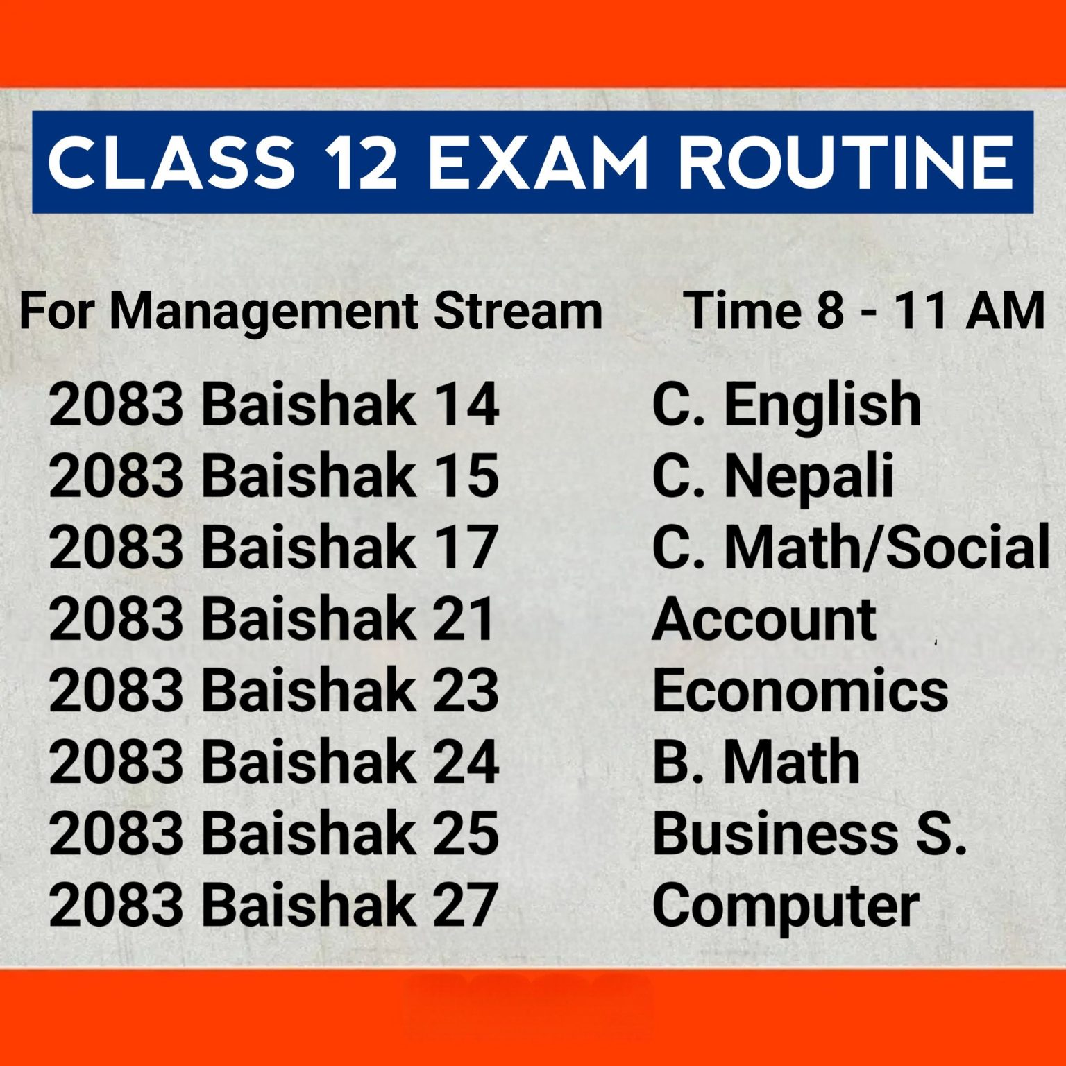 NEB Class 12 Exam Routine 2083 |Grade 12 Exam Schedule 2083